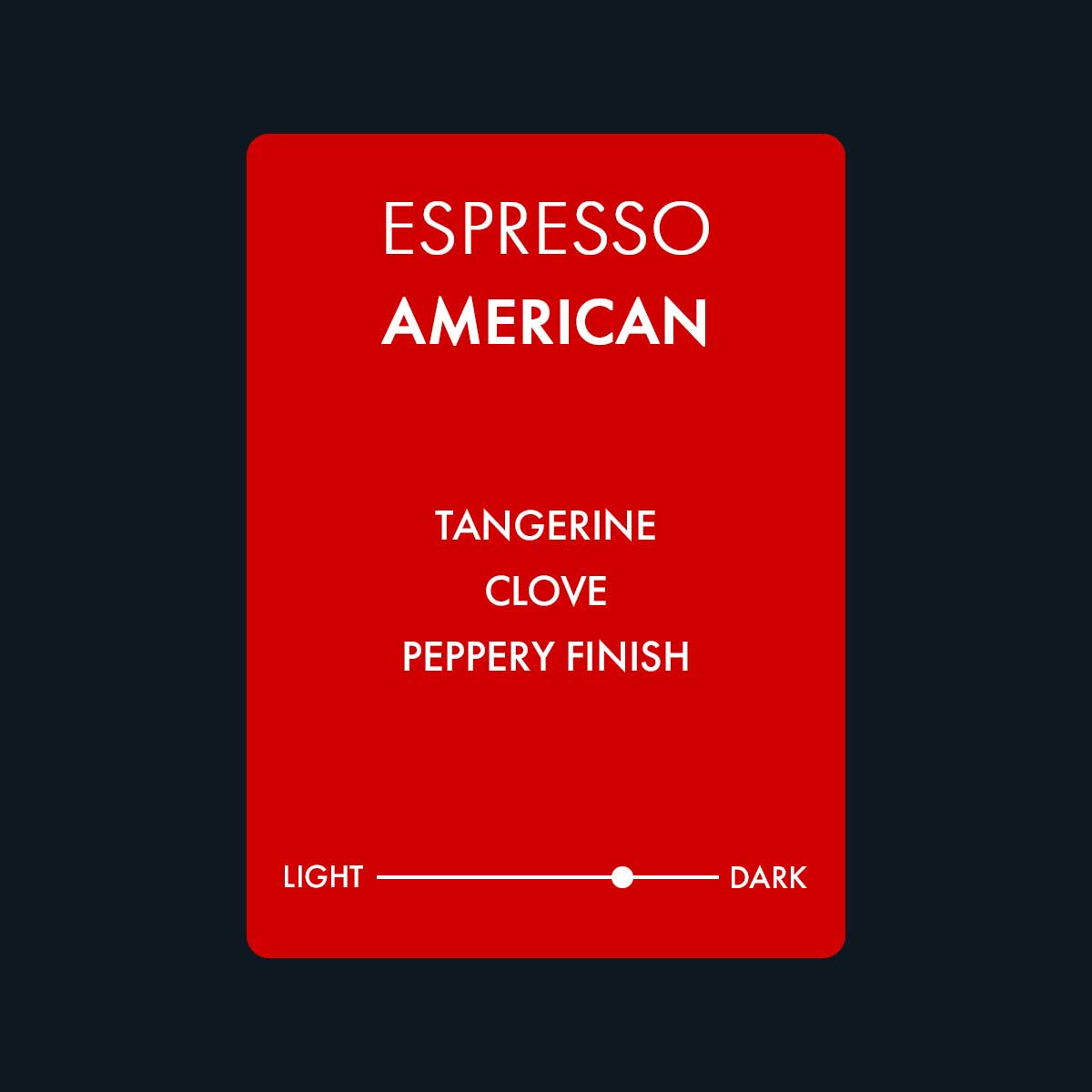 American espresso featuring notes of tangerine, clove, and a pepper finish. A medium dark roast.