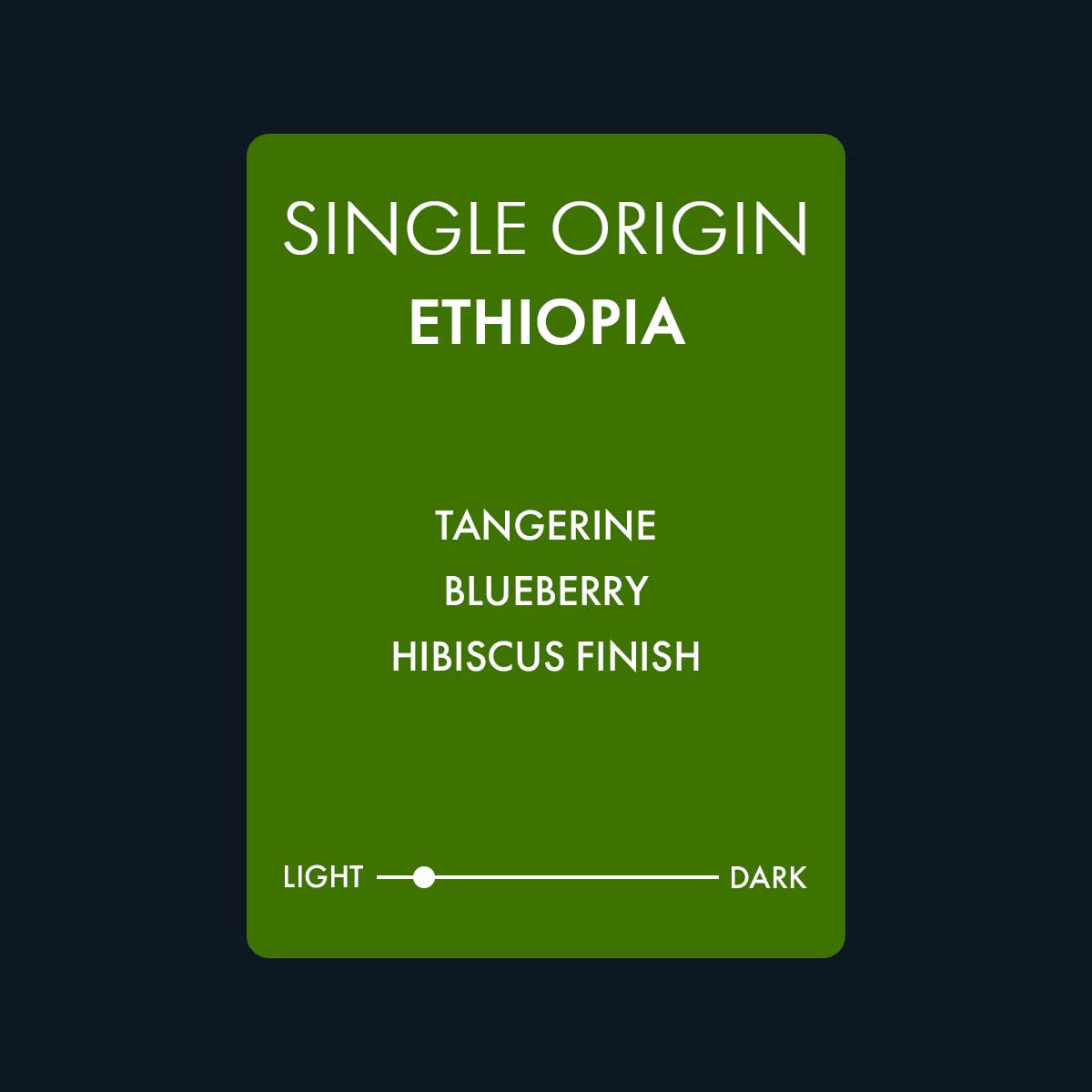 Single Origin Ethiopia coffee featuring notes of tangerine, blueberry, and a hibiscus finish. A light roast coffee.