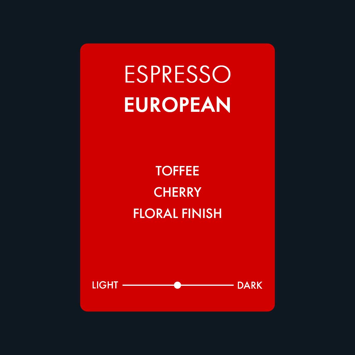 European espresso featuring notes of toffee, cherry, and a floral finish. A medium roast coffee.