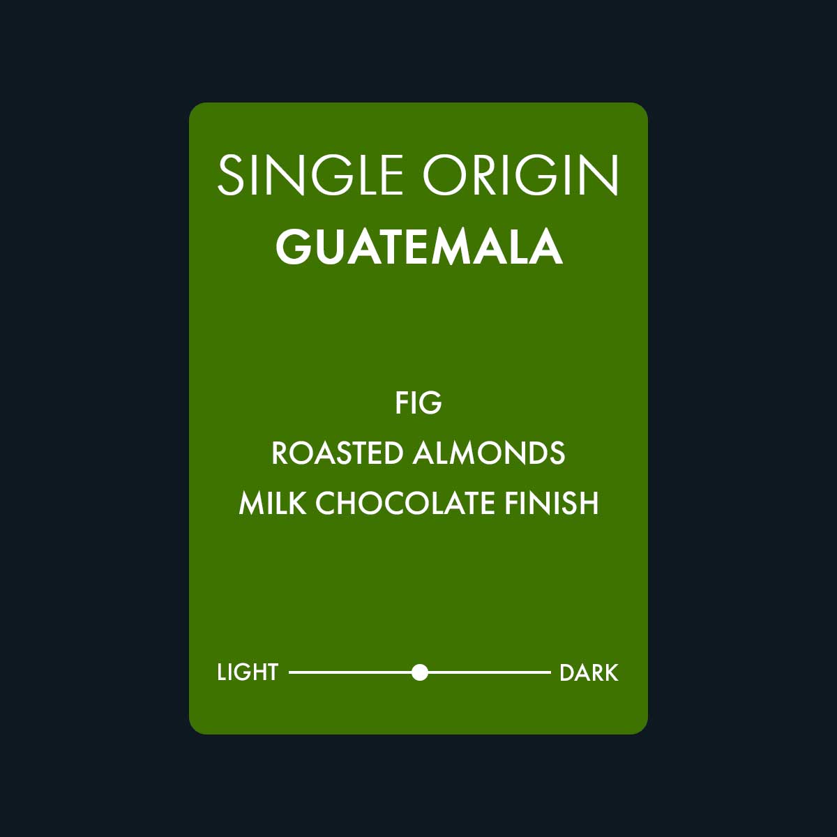 A single origin Guatemala coffee featuring notes of fig, roasted almonds, and a milk chocolate finish. A medium roast coffee.