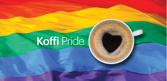 A Pride Flag overlayed with the text "Koffi Pride" and a coffee cup.