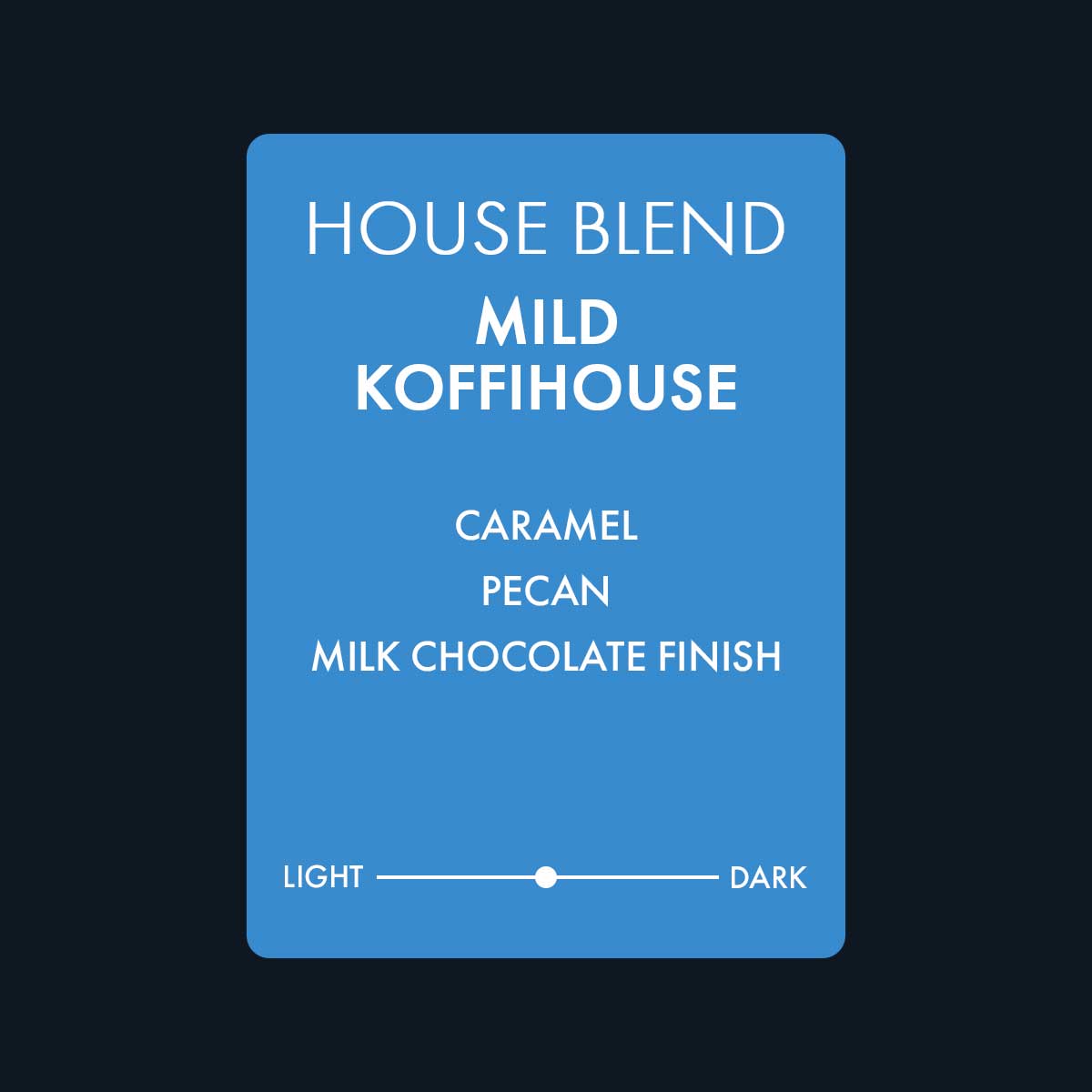 House Blend Mild Koffihouse coffee featuring notes of caramel, pecan, and a milk chocolate finish. A medium roast coffee.