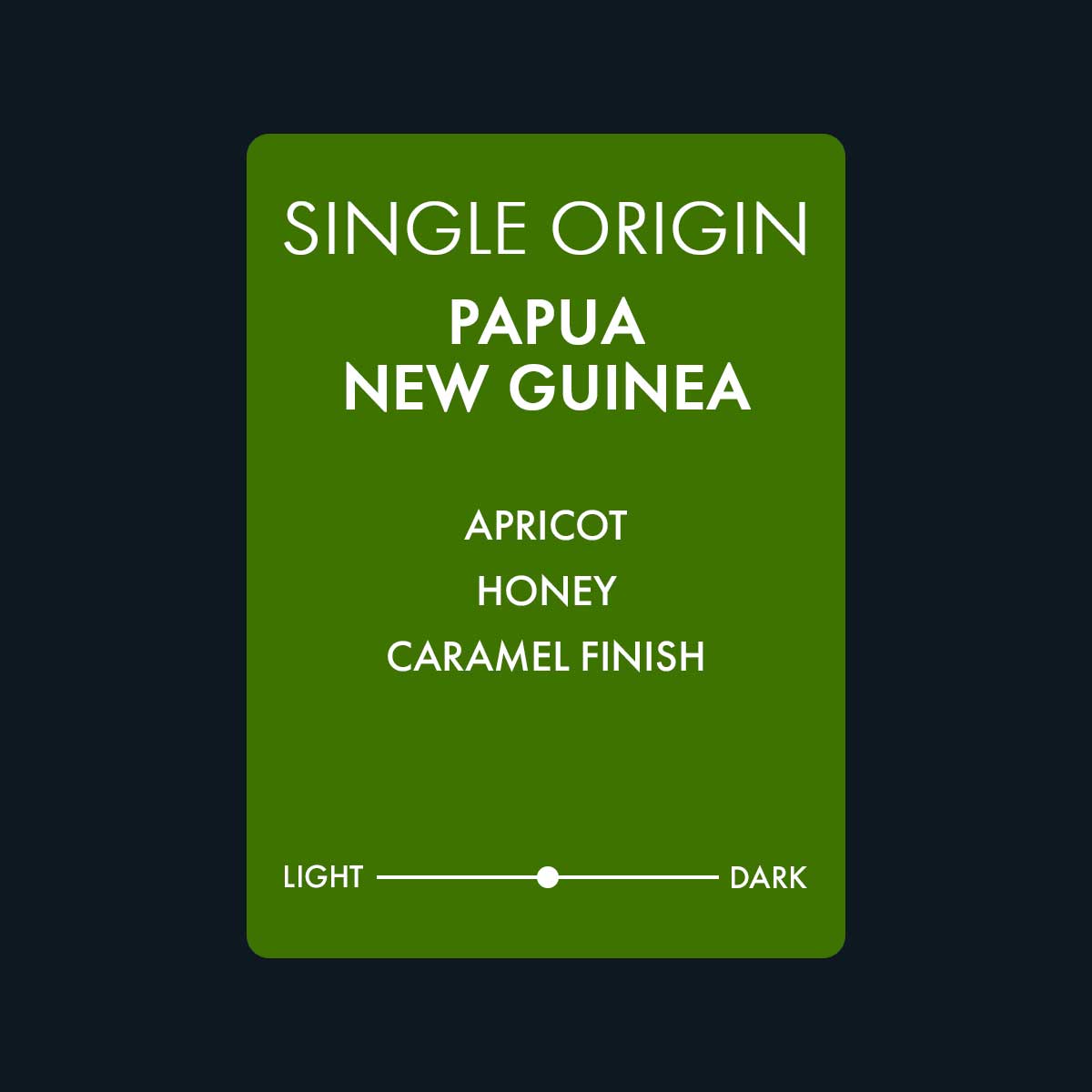 Single origin Papa New Guinea coffee featuring notes of apricot, honey, and a caramel finish. A medium roast coffee.