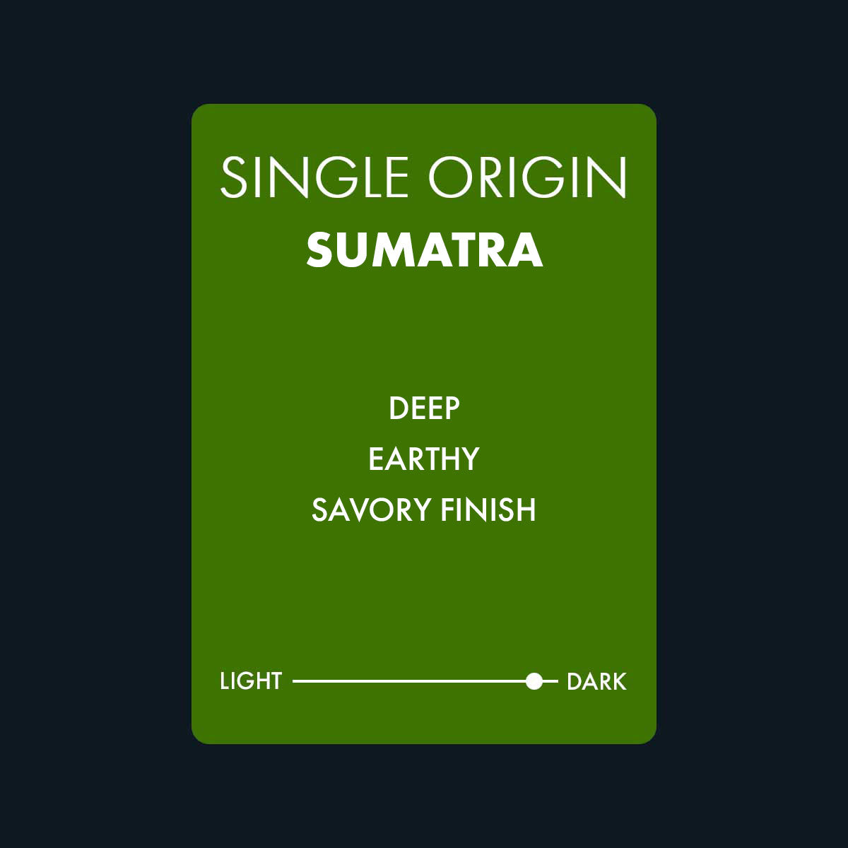 Green label with 'Single Origin Sumatra' text and descriptors on a black background